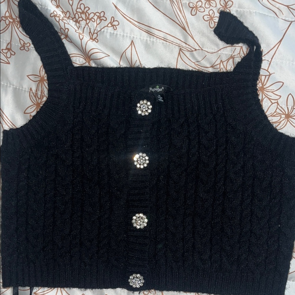 Papaya Black Knit Tank with Rhinestone Buttons